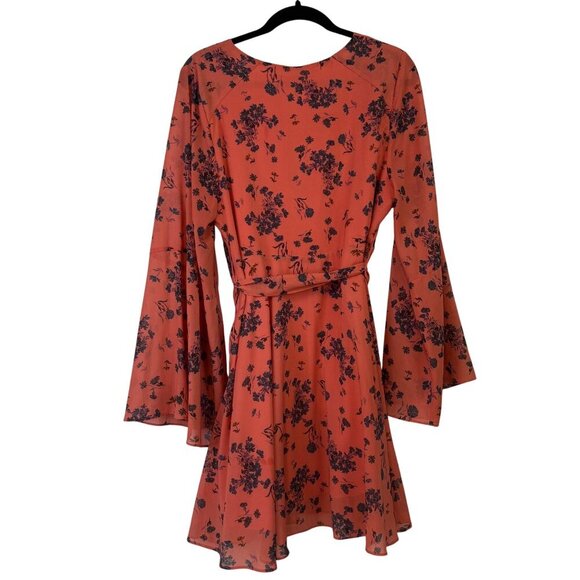 Free People Bohemian Coral Floral Faux Wrap Dress With Bell Sleeves Size L - Picture 8 of 10